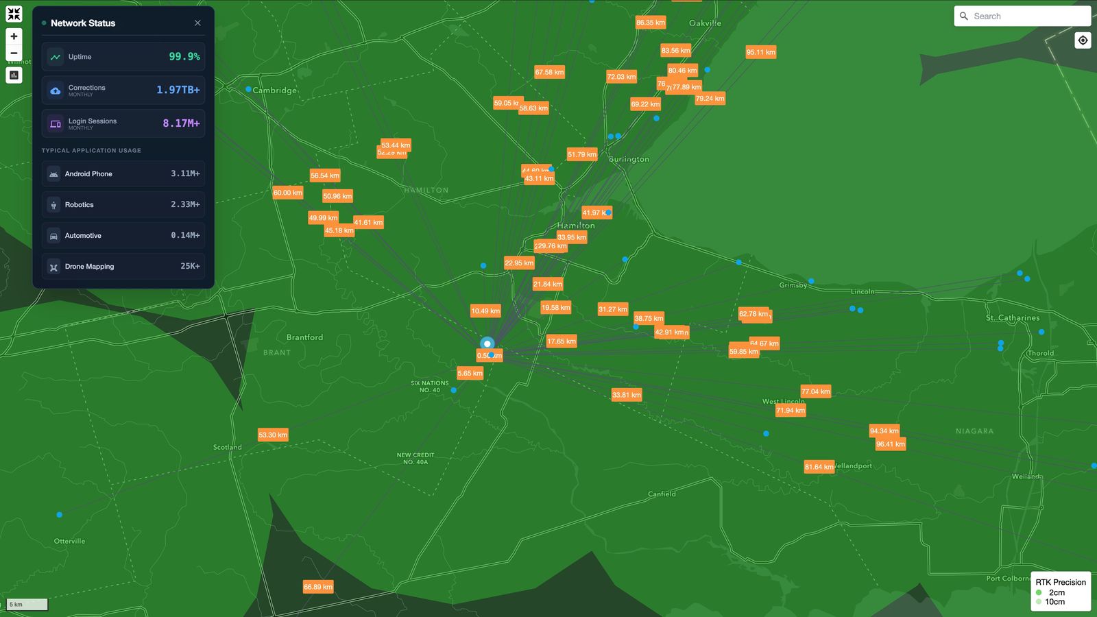 GEODNET network status map with correction distances across the Hamilton and Niagara region
