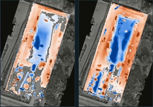 Cut and fill maps from drone flights: blue where the laneway was cut down, orange where the townhouse pads were filled