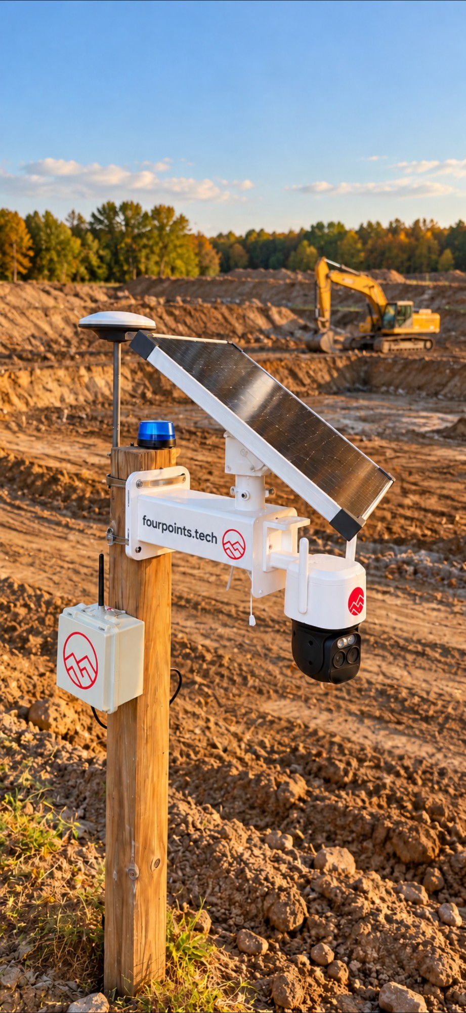 Four Points site security post with a solar panel, camera, beacon, GNSS antenna and network box on a construction site